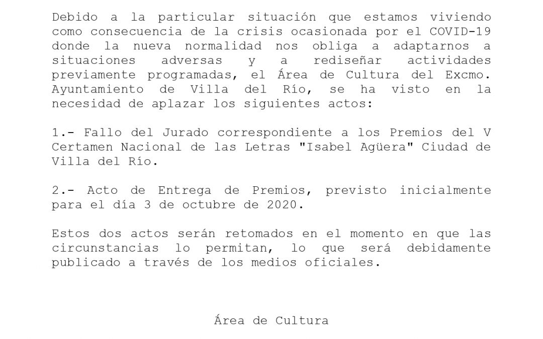 Comunicado | Aplazado el V Certamen Nacional de las Letras "Isabel Agüera" Ciudad de Villa del Río. 1