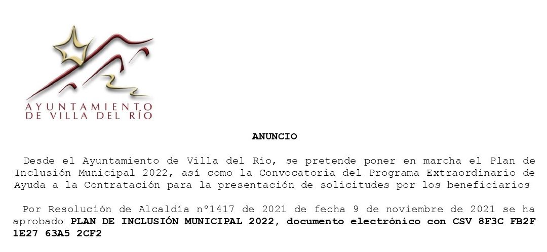 ANUNCIO.-  PLAN DE INCLUSIÓN MUNICIPAL 2022