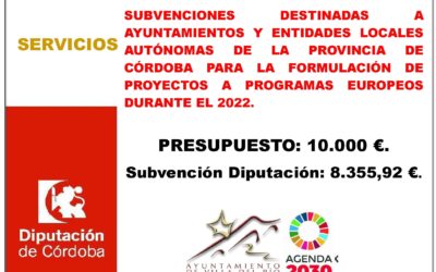 SUBVENCIONES DESTINADAS A AYUNTAMIENTOS Y ENTIDADES LOCALES AUTÓNOMAS DE LA PROVINCIA DE CÓRDOBA PARA LA FORMULACIÓN DE PROYECTOS A PROGRAMAS EUROPEOS DURANTE EL 2022.