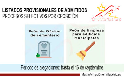 TRANSPARENCIA | PUBLICACIÓN DE LOS LISTADOS PROVISIONALES DE ASPIRANTES ADMITIDOS EN LOS PROCESOS SELECTIVOS POR OPOSICIÓN DE PEÓN DE OFICIOS DE CEMENTERIO Y DE PEÓN DE LIMPIEZA PARA EDIFICIOS MUNICIPALES