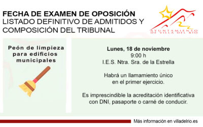 TRANSPARENCIA Y EMPLEO | FECHA DE EXAMEN DE OPOSICIÓN PARA PEÓN DE LIMPIEZA PARA EDIFICIOS MUNICIPALES, LISTADO DEFINITIVO DE ASPIRANTES ADMITIDOS Y COMPOSICIÓN DEL TRIBUNAL